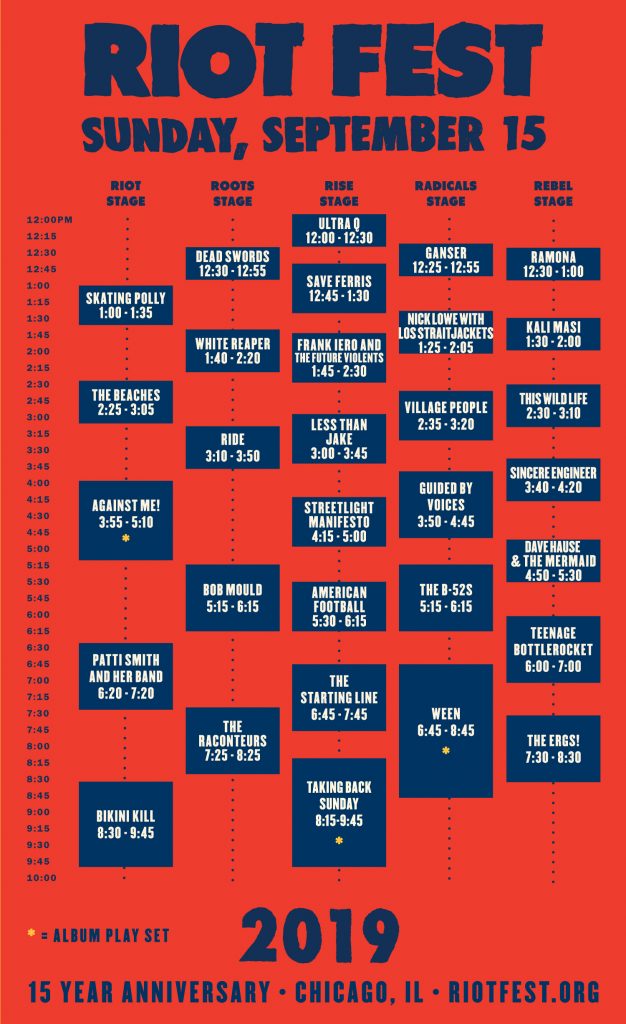 Riot Fest 2019 Sunday Set Times